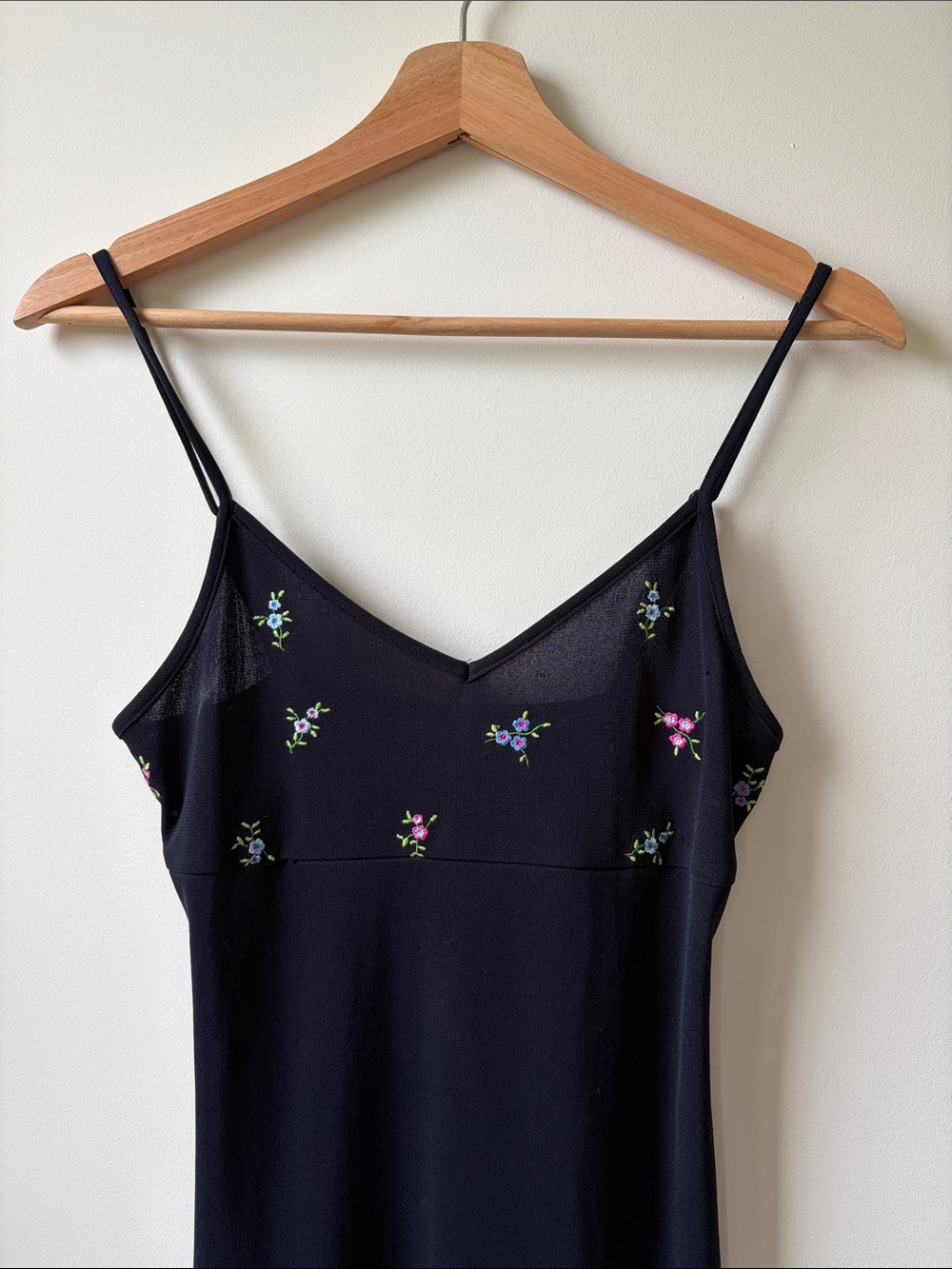 VINTAGE Y2K Navy Maxi Dress with Pink and Green Floral Embroidery